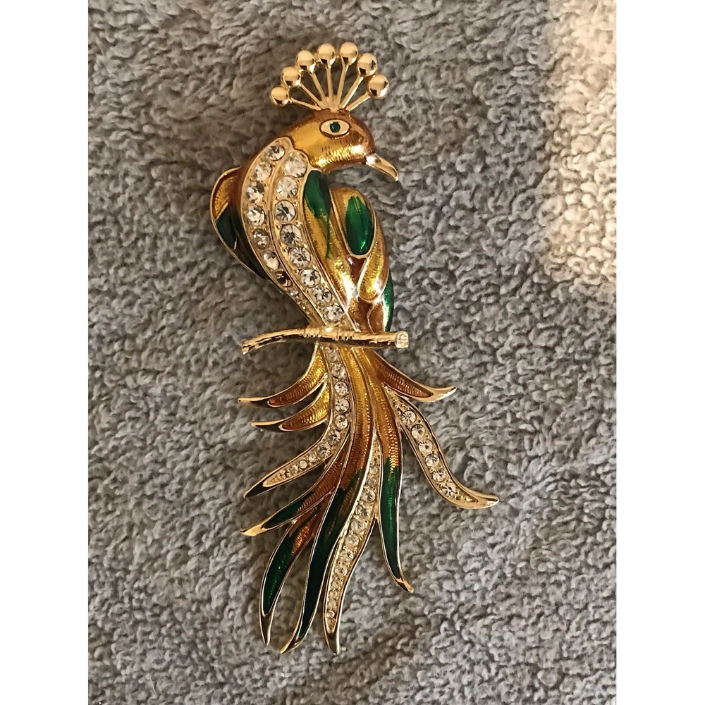 Large Vintage Rhinestone Peacock Brooch Pin Gold Tone